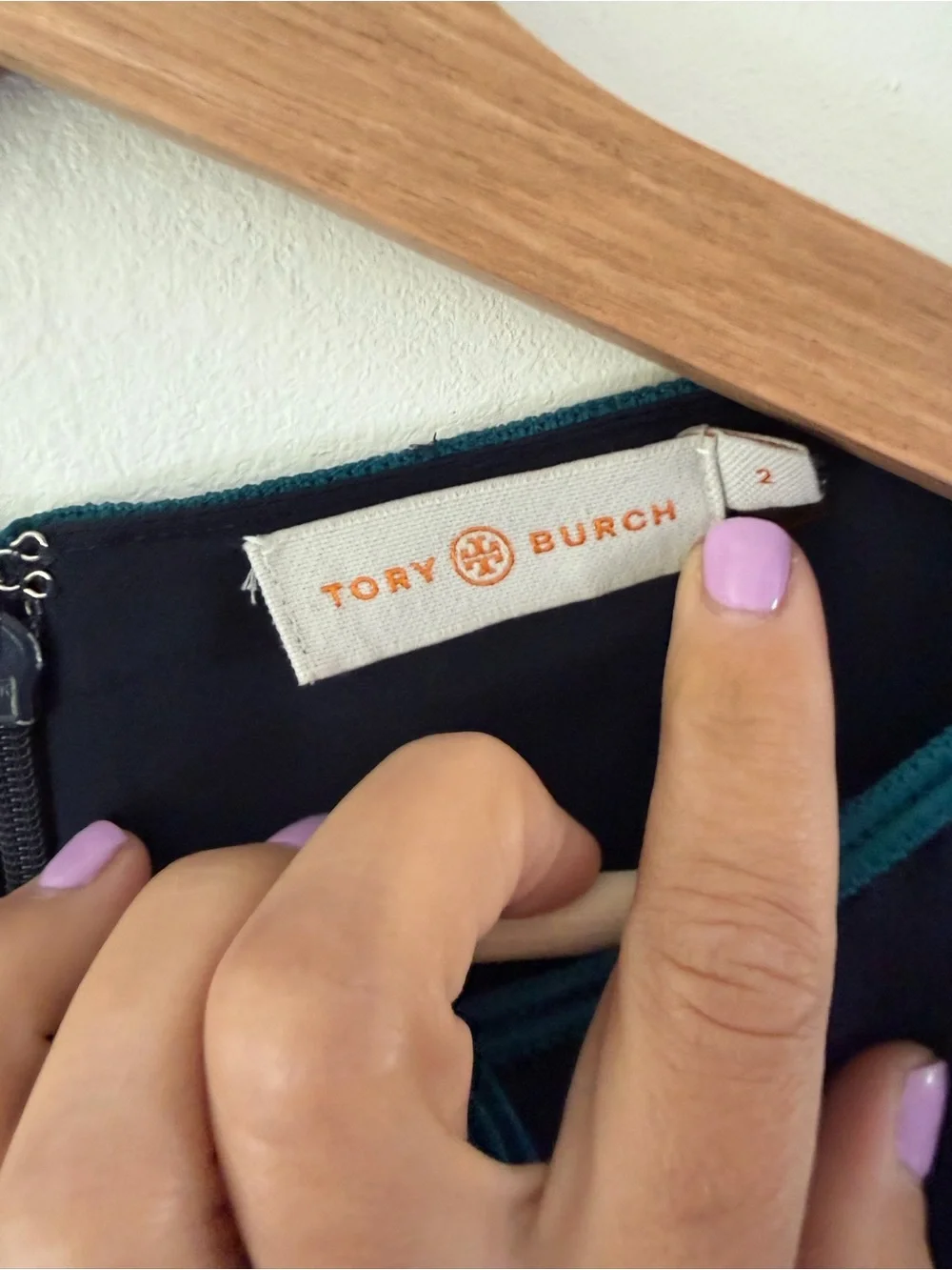 Tory Burch Germaine Boat Neck Embroidered Navy Blue & Teal Long Sleeve Silk Top